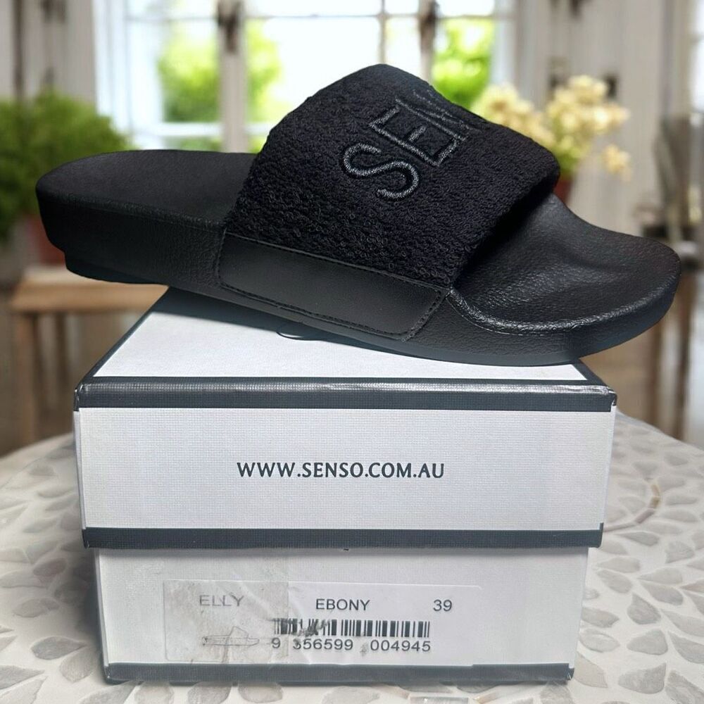 SENSO $165 Elly Slide Sandals Ebony Black Terry Strap Size 39 EU US 9 New With B